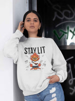 Load image into Gallery viewer, Woman wearing a Stay Lit - White Unisex Printed Sweatshirt