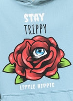 Load image into Gallery viewer, Man wearing a Stay Trippy   – Baby Blue Unisex Printed Hoodie