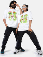 Load image into Gallery viewer, Brothersaurus White Unisex Oversized T-Shirt Front View Of Male and Female