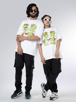 Load image into Gallery viewer, Brothersaurus White Unisex Oversized T-Shirt Front View Of Male and Female