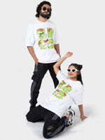 Load image into Gallery viewer, Brothersaurus White Unisex Oversized T-Shirt Front View Of Male and Female