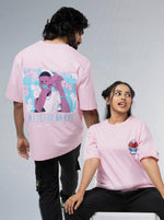 Load image into Gallery viewer, Eye for an Eye Soft Pink Unisex Oversized T-Shirt Front and Back Design View Of Male and Female