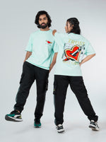 Load image into Gallery viewer, No Love Mint Green Unisex Oversized T Shirt Front and Back Design view of Male and Female