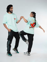 Load image into Gallery viewer, No Love Mint Green Unisex Oversized T Shirt Front and Back Design view of Male and Female
