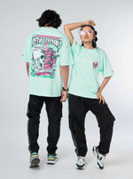 Load image into Gallery viewer, Retro Techno Mint Green Unisex Oversized T Shirt Front and Back Design view of Male and Female