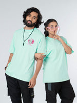 Load image into Gallery viewer, Retro Techno Mint Green Unisex Oversized T Shirt Front Design view of Male and Female