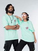 Load image into Gallery viewer, Retro Techno Mint Green Unisex Oversized T Shirt Front  Design view of Male and Female