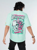 Load image into Gallery viewer, Retro Techno Mint Green Unisex Oversized T Shirt Front Back Design view of Male