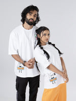 Load image into Gallery viewer, Bad Guy Croc White Unisex Oversized T-Shirt Front View of both male and female
