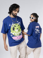 Load image into Gallery viewer, Kindness Growing Royal Blue Unisex Oversized T Shirt Front and Back Design view of Female and Male