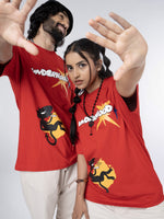 Load image into Gallery viewer, Am I Dreaming Red Unisex Oversized T-Shirt Front View Of Male And Female
