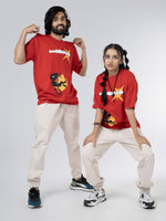 Load image into Gallery viewer, Am I Dreaming Red Unisex Oversized T-Shirt Front View Of Male And Female
