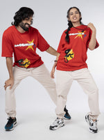 Load image into Gallery viewer, Am I Dreaming Red Unisex Oversized T-Shirt Front View Of Male and Female