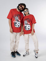 Load image into Gallery viewer, Shit Happens Red Unisex Oversized T-Shirt Front Design View of Male and Female