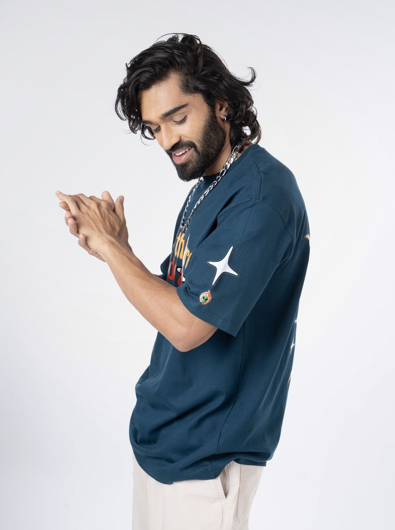 Fire Alive Petrol Blue Unisex Oversized T-Shirt Front Design View of Male