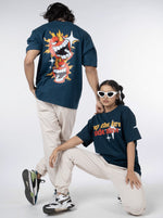 Load image into Gallery viewer, Fire Alive Petrol Blue Unisex Oversized T-Shirt Front and Back Design View of Male and Female