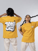 Load image into Gallery viewer, Take It Easy Mustard Unisex Oversized T-Shirt Front and BackDesign View of Male and Female