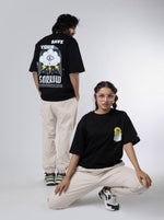 Load image into Gallery viewer, Save Your Sorrow Black Oversized T-Shirts Front View of female and back view of male