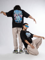 Load image into Gallery viewer, Toxic Black Unisex Oversized T-shirt Front and Back design view of Male and Female