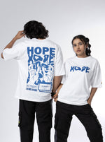 Load image into Gallery viewer, Hope White Unisex Oversized T Shirt front and back design view of male and female