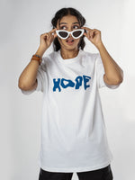 Load image into Gallery viewer, Hope White Unisex Oversized T Shirt front design view of female