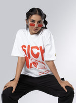 Load image into Gallery viewer, SICK design White Unisex Oversized T-Shirt Front View of female