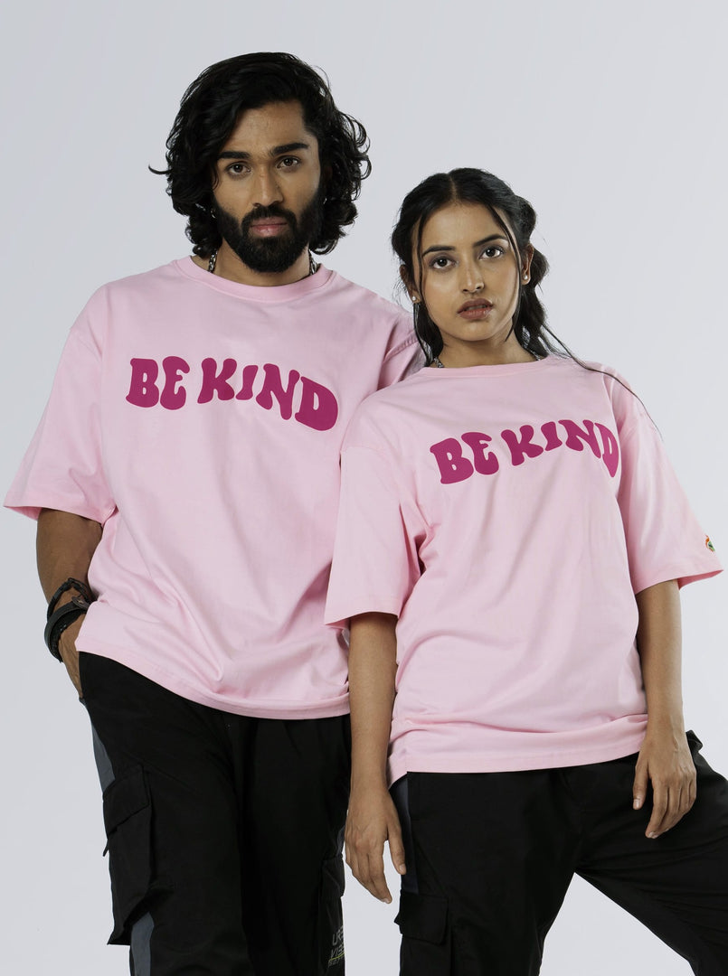 Be Kind Soft Pink Unisex Oversized T Shirt front  design view of male and female