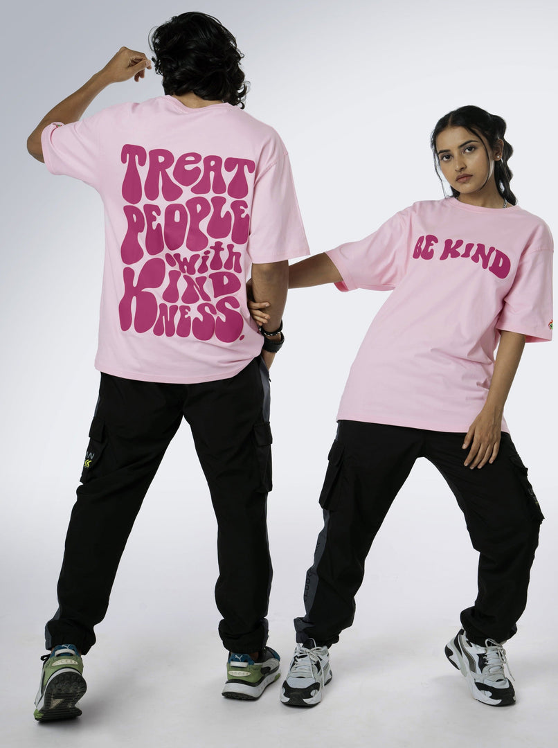 Be Kind Soft Pink Unisex Oversized T Shirt front and back design view of male and female
