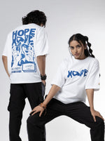 Load image into Gallery viewer, Hope White Unisex Oversized T Shirt front and back design view of male and female