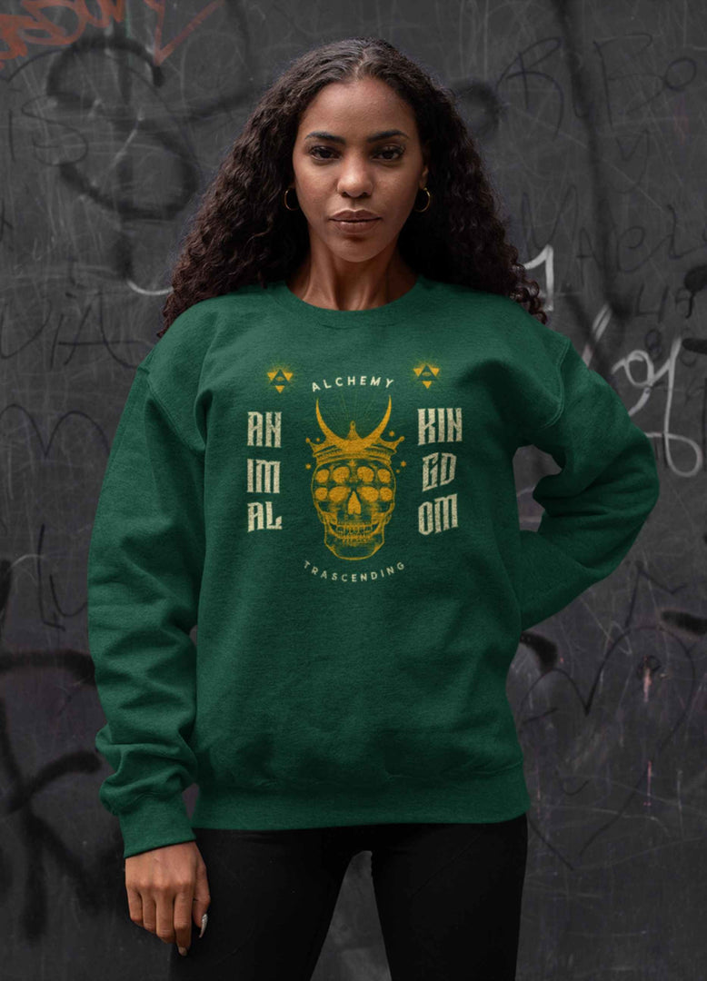 Woman wearing a Animal Kingdom - Bottle Green Unisex Printed Sweatshirt