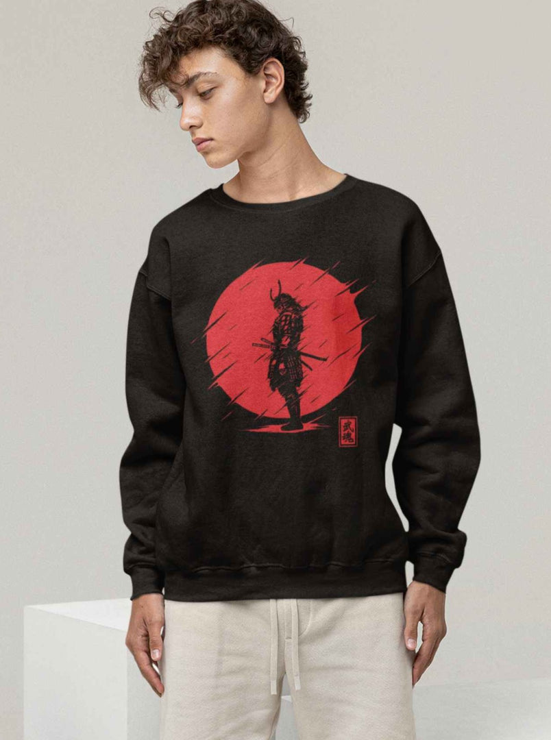 man wearing a Samurai in Red - Black Unisex Printed Sweatshirt