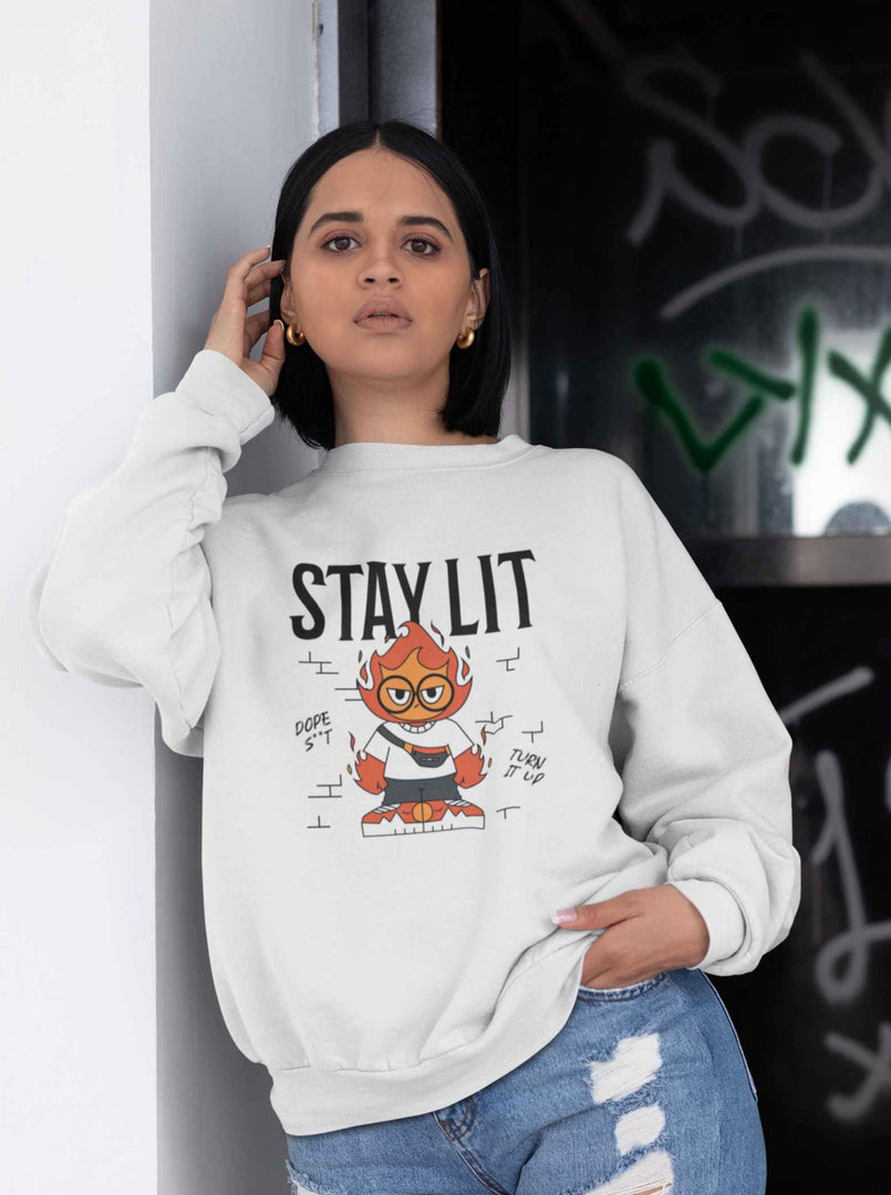 Woman wearing a Stay Lit - White Unisex Printed Sweatshirt