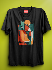 Cat Abstract Art - Black Unisex Printed T-Shirt