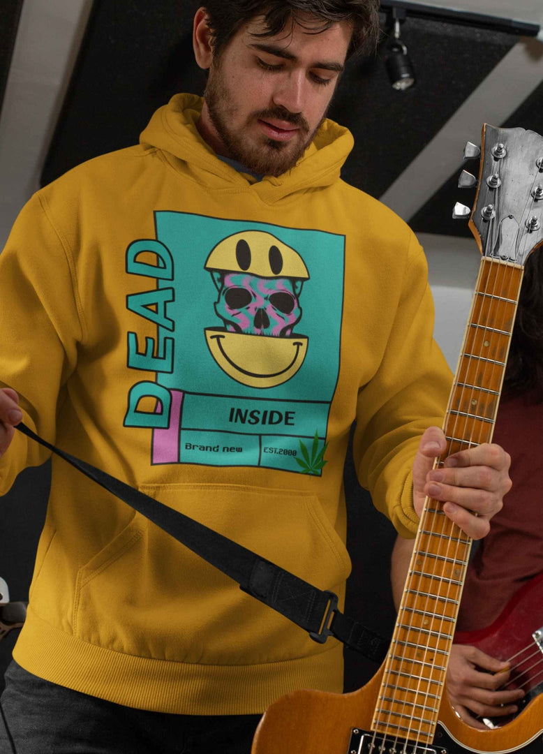 man wearing a Dead Inside – Mustard Unisex Printed Hoodie