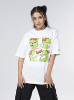 Load image into Gallery viewer, Brothersaurus White Unisex Oversized T-Shirt Front View Of Female
