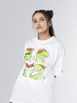 Load image into Gallery viewer, Brothersaurus White Unisex Oversized T-Shirt Front View Of Female
