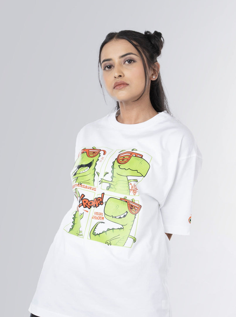 Brothersaurus White Unisex Oversized T-Shirt Front View Of Female