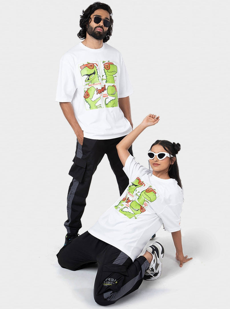 Brothersaurus White Unisex Oversized T-Shirt Front View Of Male and Female