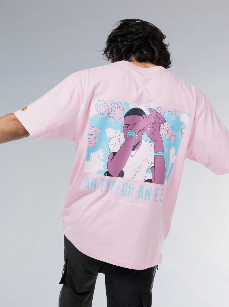 Eye for an Eye Soft Pink Unisex Oversized T-Shirt Back Design View Of Male 