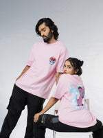 Load image into Gallery viewer, Eye for an Eye Soft Pink Unisex Oversized T-Shirt Front and Back Design View Of Male and Female
