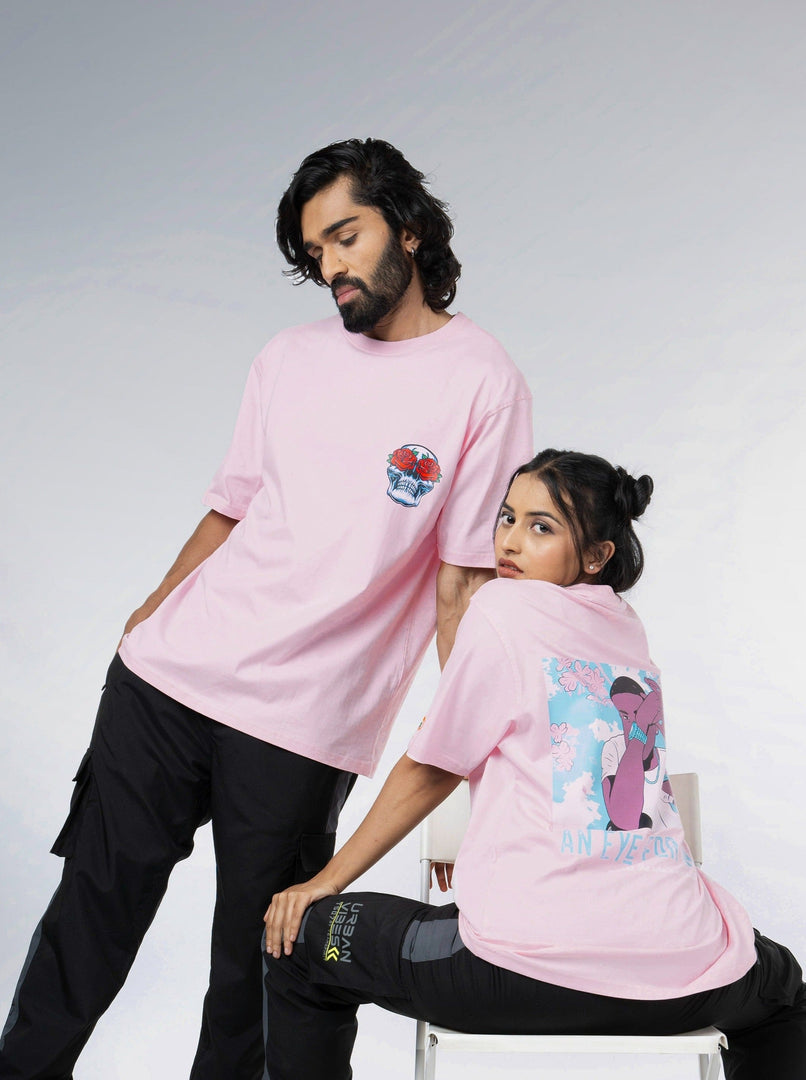 Eye for an Eye Soft Pink Unisex Oversized T-Shirt Front and Back Design View Of Male and Female