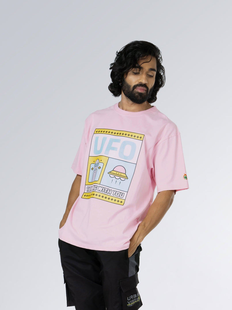 UFO Soft Pink Unisex Oversized T-Shirt Front View Of Male