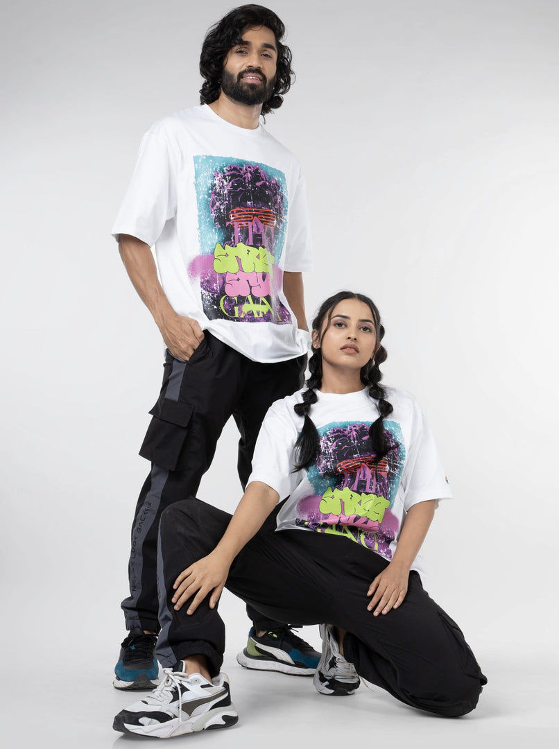 THE STREET STYLE GANG  White Oversized T-Shirt  Front Design view of male and female