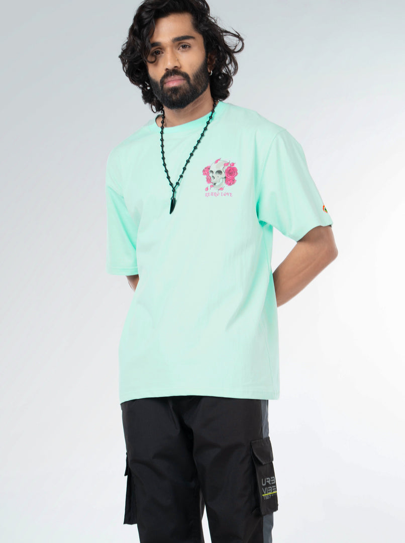 Retro Techno Mint Green Unisex Oversized T Shirt Front Design view of Male