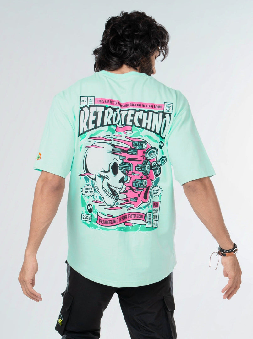 Retro Techno Mint Green Unisex Oversized T Shirt Front Back Design view of Male