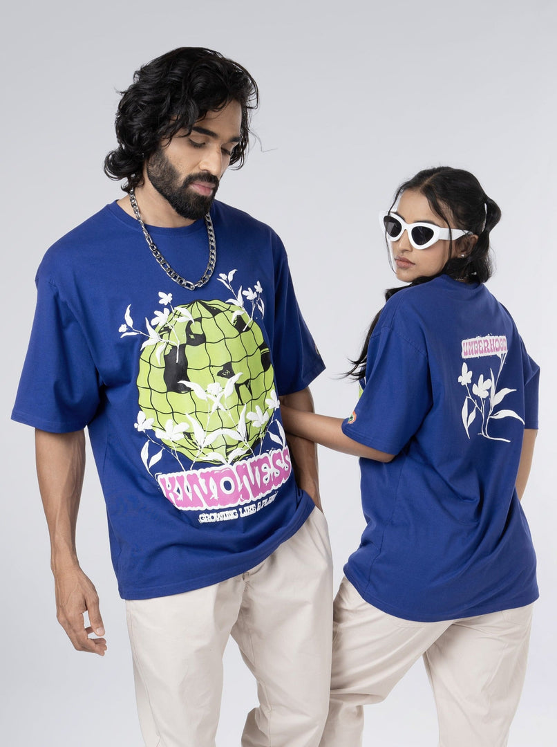 Kindness Growing Royal Blue Unisex Oversized T Shirt Front and Back Design view of Female and Male