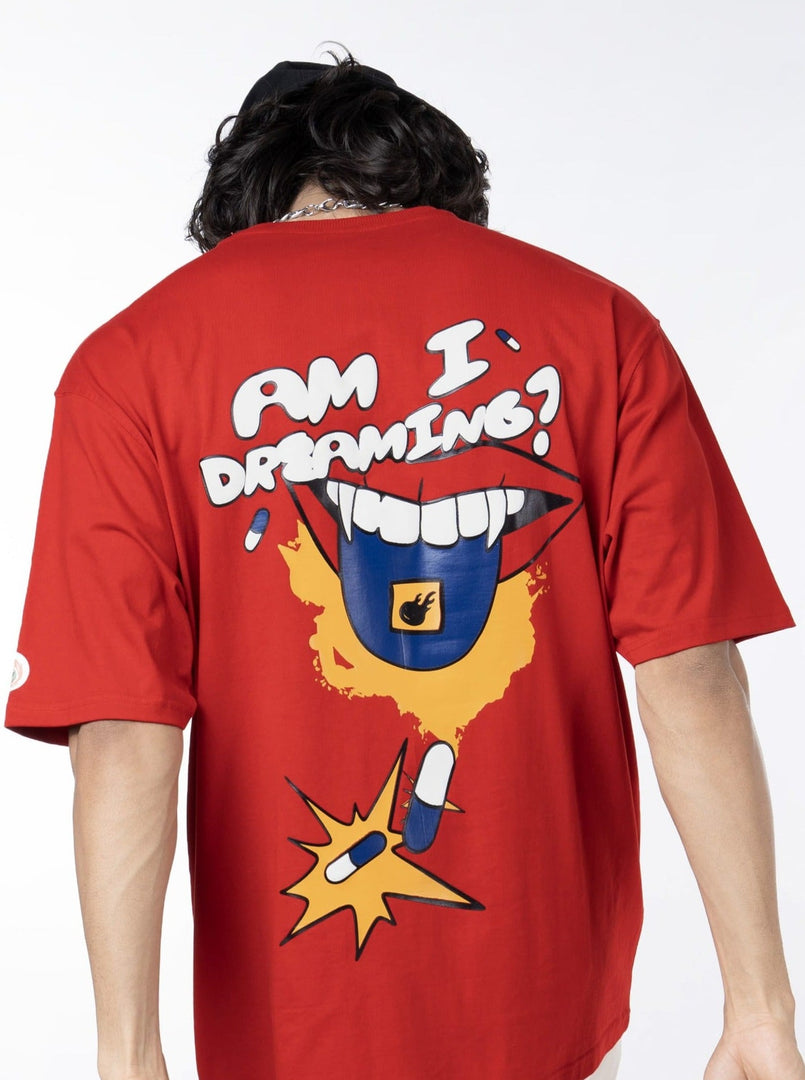 Am I Dreaming Red Unisex Oversized T-Shirt Back View Of Male