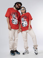 Load image into Gallery viewer, Shit Happens Red Unisex Oversized T-Shirt Front Design View of Male and Female
