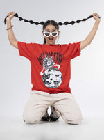 Load image into Gallery viewer, Shit Happens Red Unisex Oversized T-Shirt Front Design View of Female
