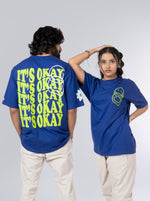 Load image into Gallery viewer, Its Okay Royal Blue Oversized T-shirt front and Back Design view of Male and Female
